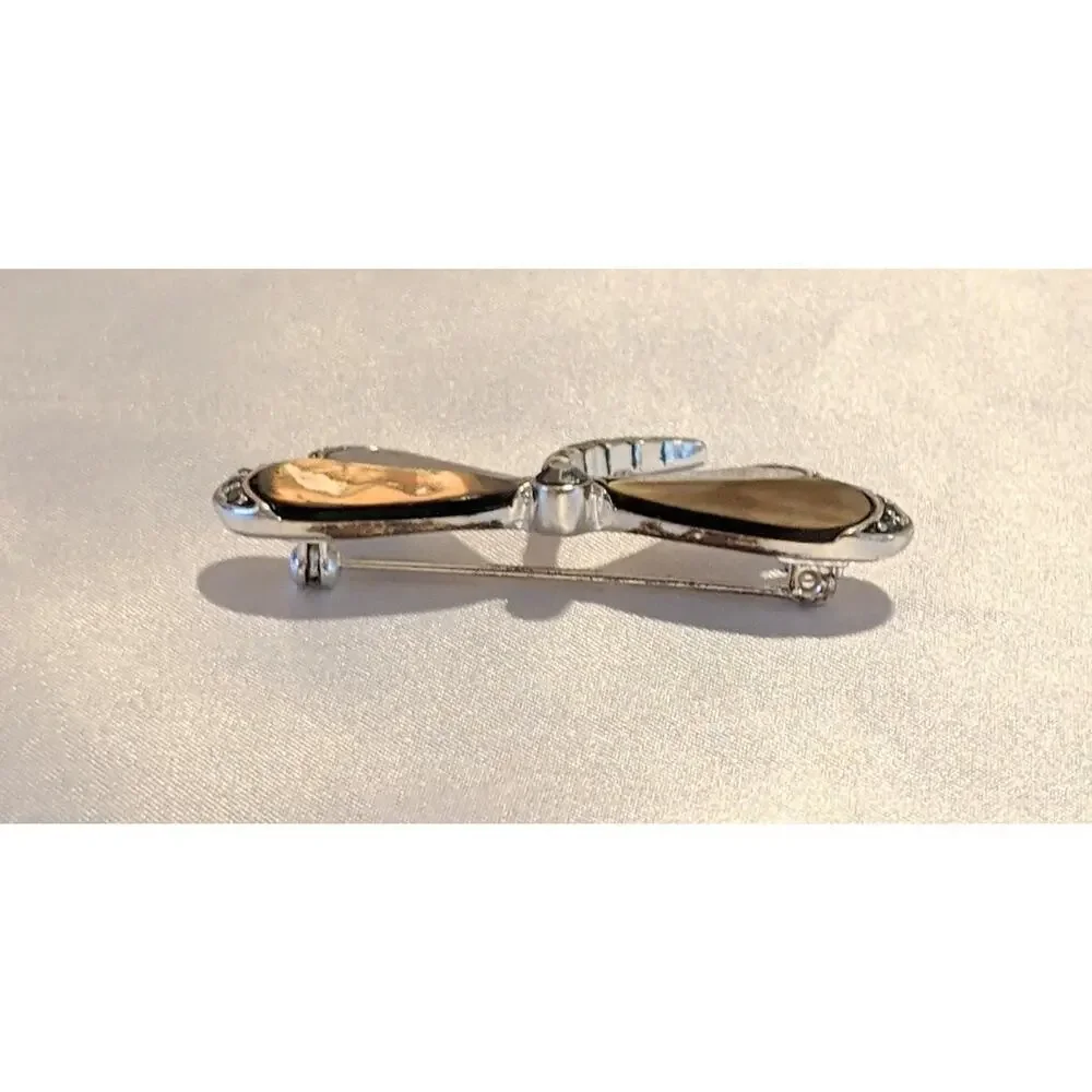 Monet Dragonfly Brooch Pin Gray Mother of Pearl Rhinestone Silver Tone Signed